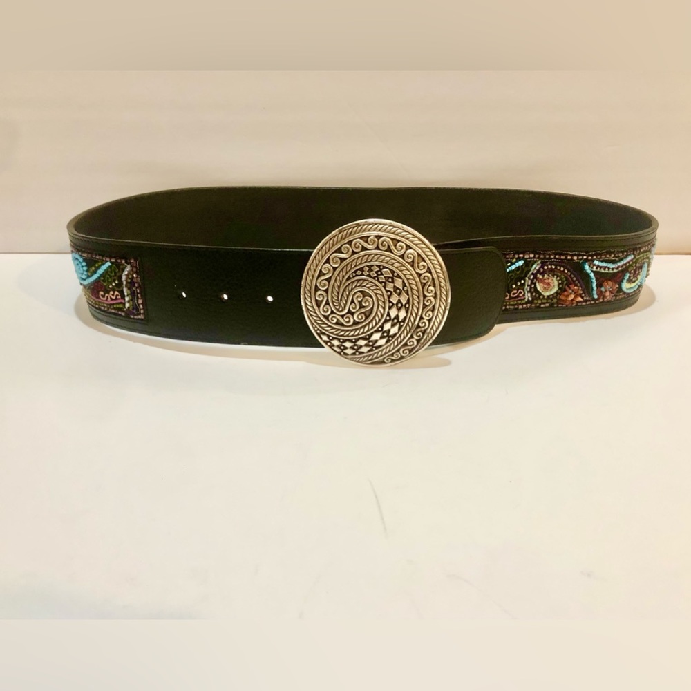 Chico's Statement Belt  Genuine Leather Beaded Silver Buckle Southwestern